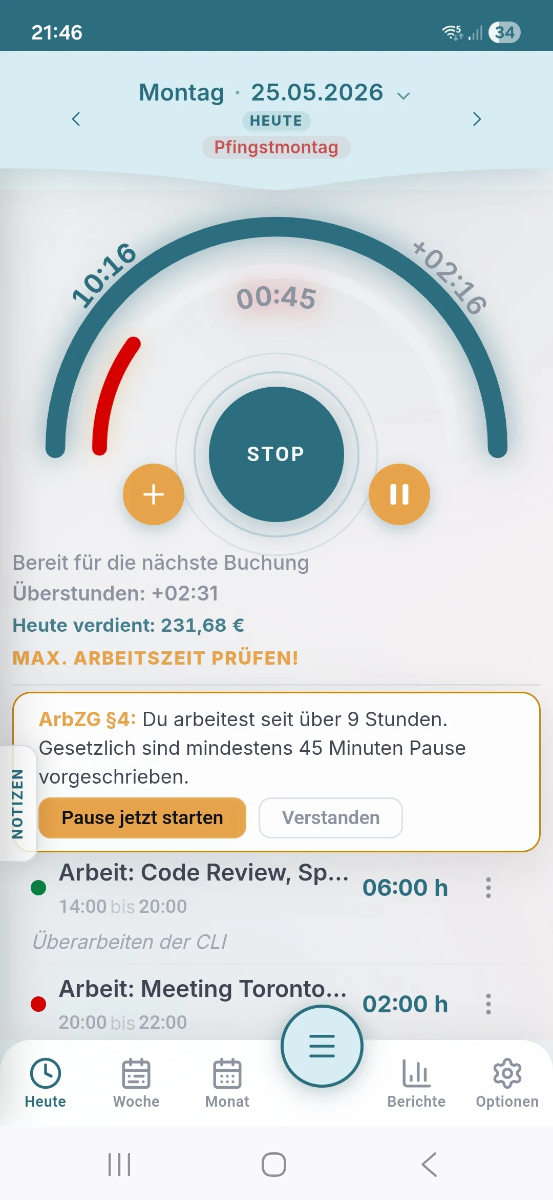 MyTid Tagesansicht: Grafischer Zeitstrahl des aktuellen Arbeitstages